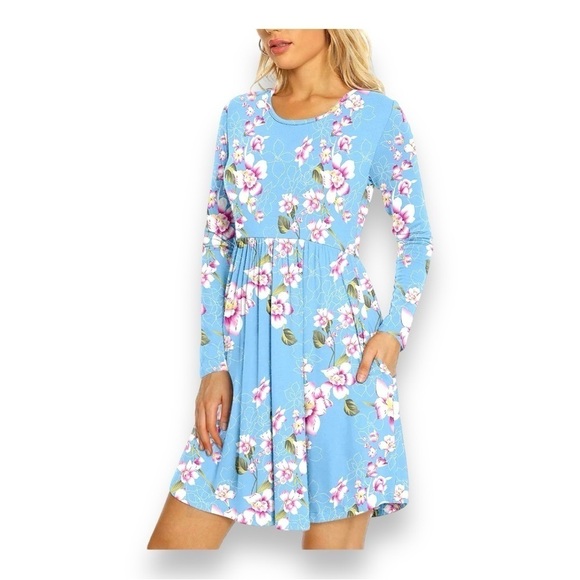 SMALL DB MOON BLUE PINK FLORAL LONG SLEEVE DRESS STRETCH CASUAL - Picture 1 of 11